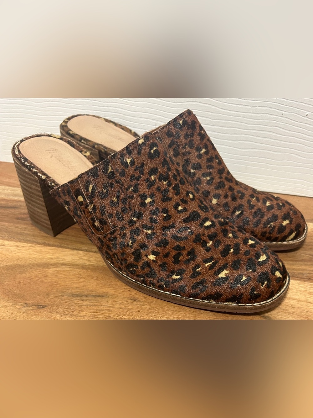 Madewell Women’s Leopard Calf Hair Mules Block Heel Slip On Leather Size 8M